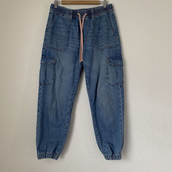 American Eagle Jeans Cargo Joggers Women M Blue Denim Drawstring Utility Tapered - Picture 2 of 10